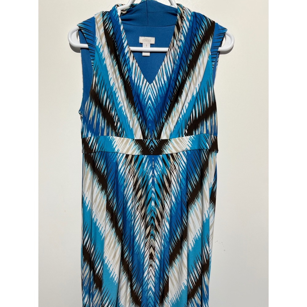 Chico's Blue Chevron Ikat Sleeveless Maxi Dress Size 1‎ Medium V-Neck Stretch